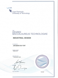 Degree In Industrial Design from CPUT , Jacques du Toit, 2005